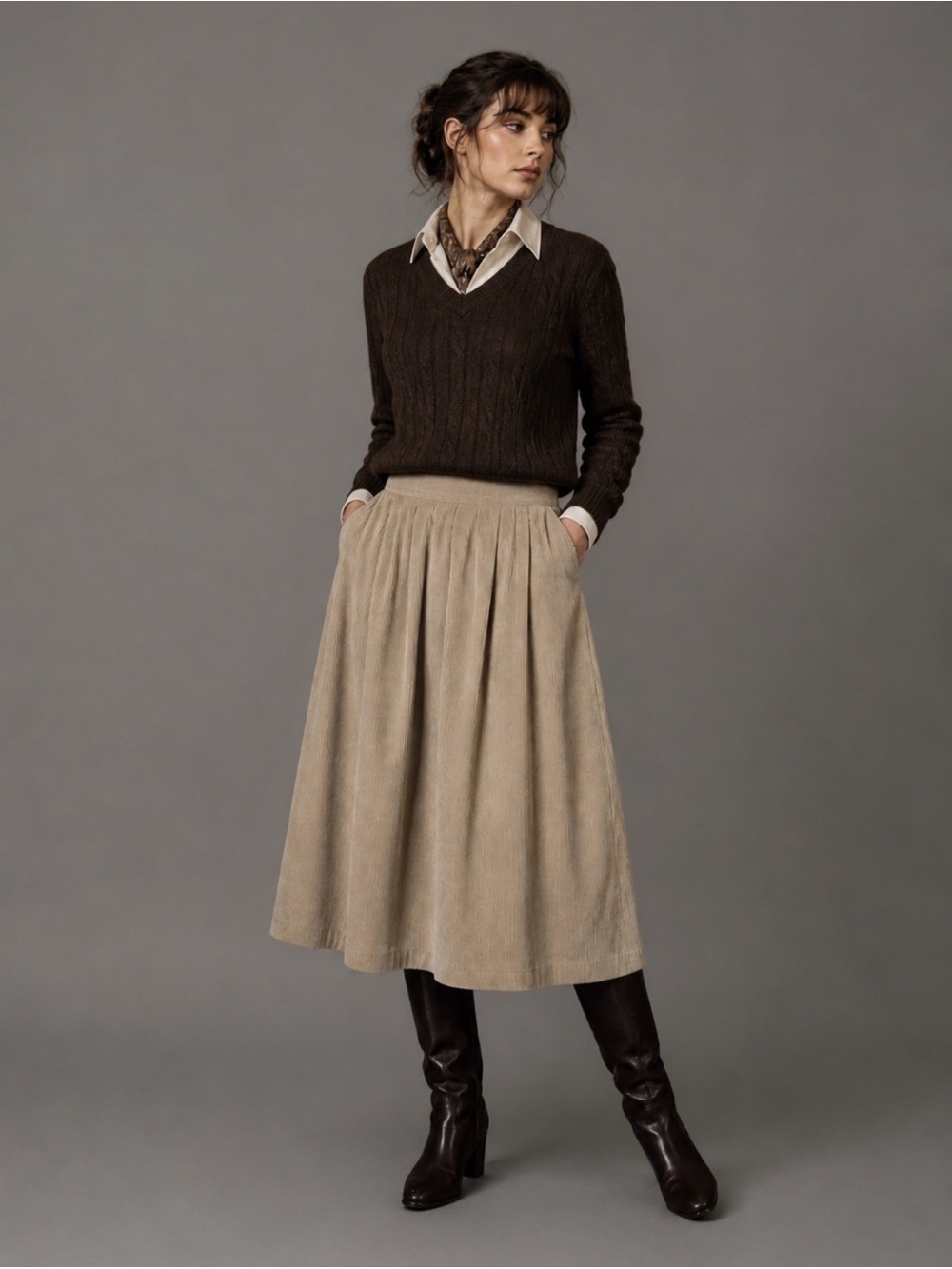 Vintage 80s Womens 26" Waist Saddle Club Wide-Wale Corduroy Midi Skirt Beige/Tan